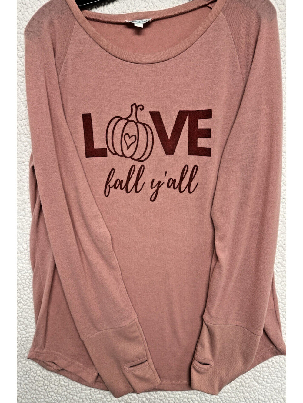 Jordann Womens XL Fall Shirt Love Fall Y’all Pumpkin Pink Long Sleeve Thumbholes